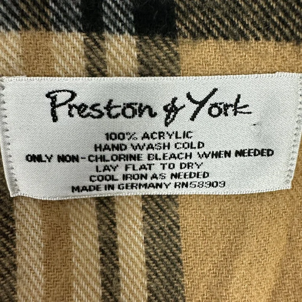 Preston & York Mens Vintage  Plaid Scarf Tan Black Red Fringe 100% Acrylic
